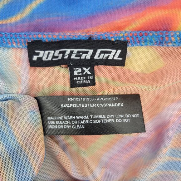 POSTER GIRL Womens 2X Mesh Crop Top Blue Orange Tie Dye Button Up Long Sleeve - Picture 5 of 11